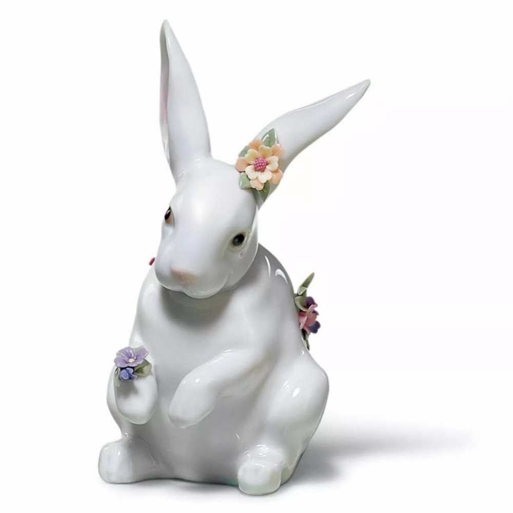LLADRÓ Sitting Bunny with Flowers Figurine. Porcelain Rabbit Figure